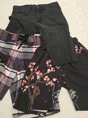 Three Men's Shorts Bundle - Black Denim, Plaid, and Floral